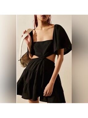 Free People Black Puff-Sleeve Crop Top & Tiered Mini Skirt Set